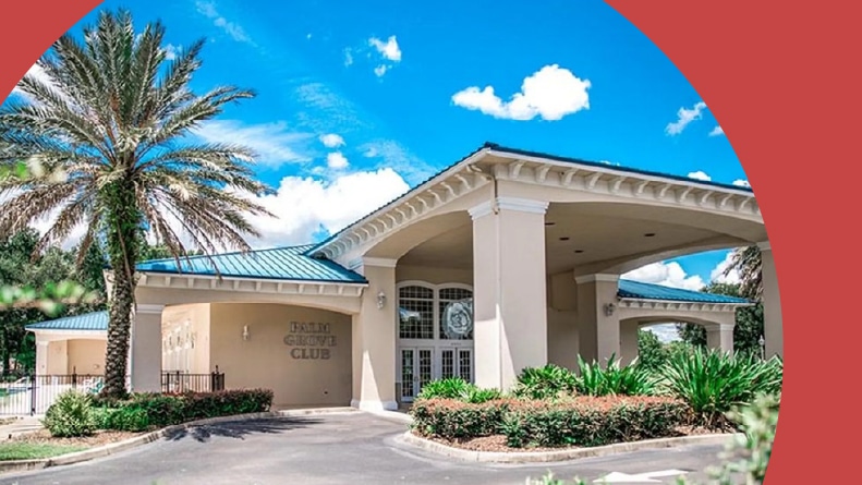 Exterior view of the Palm Grove Club on the grounds of Oak Run in Ocala, Florida.