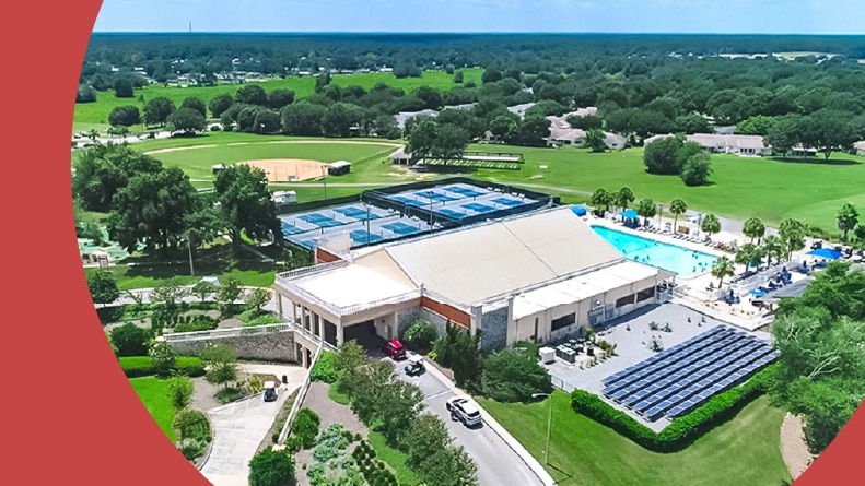 Aerial view of some of the amenities at On Top of the World in Ocala, Florida.
