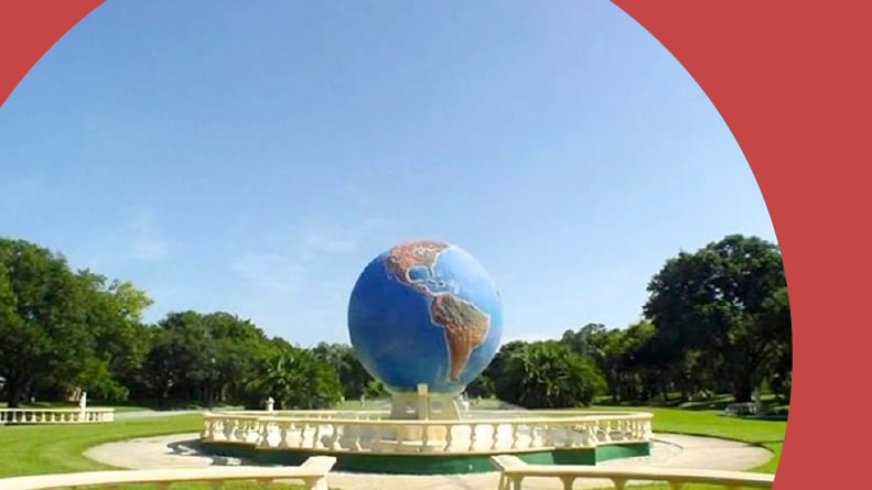 A globe on the grounds of On Top of the World Clearwater in Clearwater, Florida.