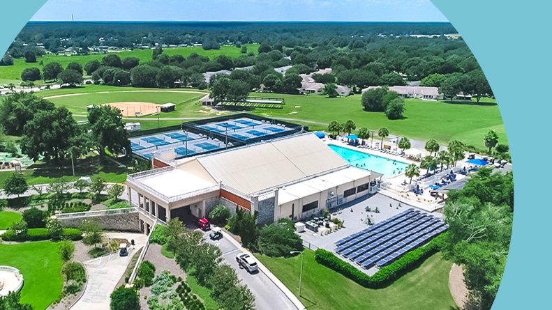 Aerial view of the amenities at On Top of the World in Ocala, Florida.