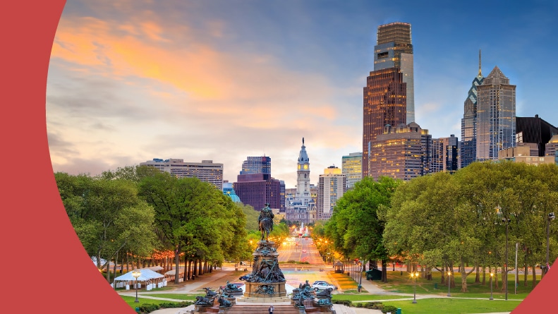 The Philadelphia, Pennsylvania skyline at sunset.