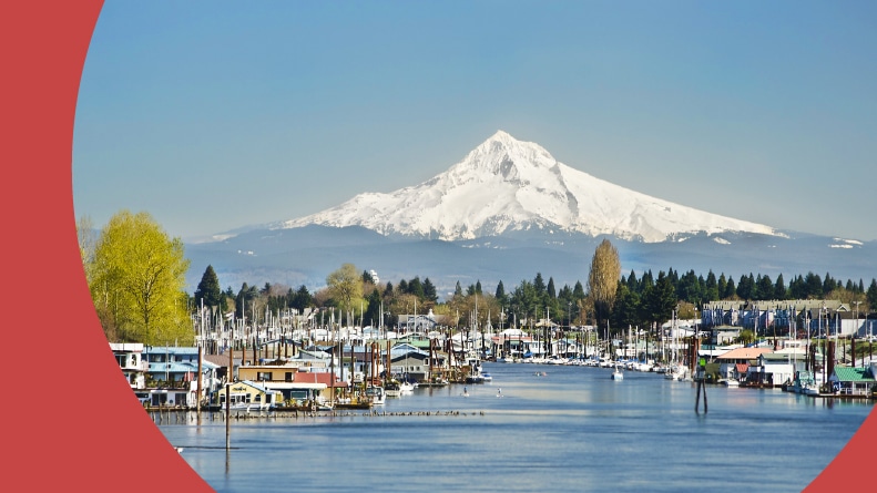 View from Hayden Island in Portland of boat houses and Mount Hood.