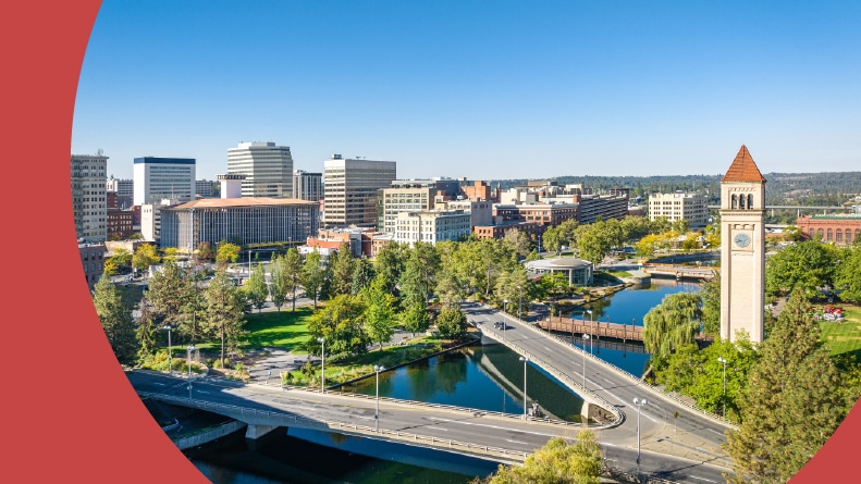 Aerial view of the clocktower in Downtown Spokane, Washington.