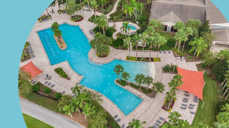 Aerial view of an outdoor, resort-style pool at Stone Creek in Summerfield, Florida.