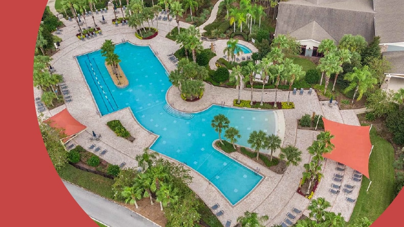 Aerial view of the outdoor pool at Stone Creek in Ocala, Florida.