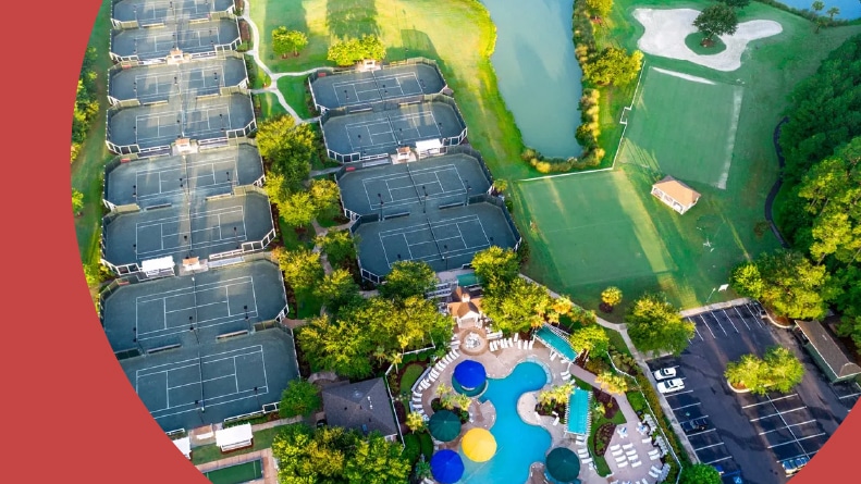 Aerial view of the outdoor amenities at Sun City Hilton Head in Bluffton, South Carolina.