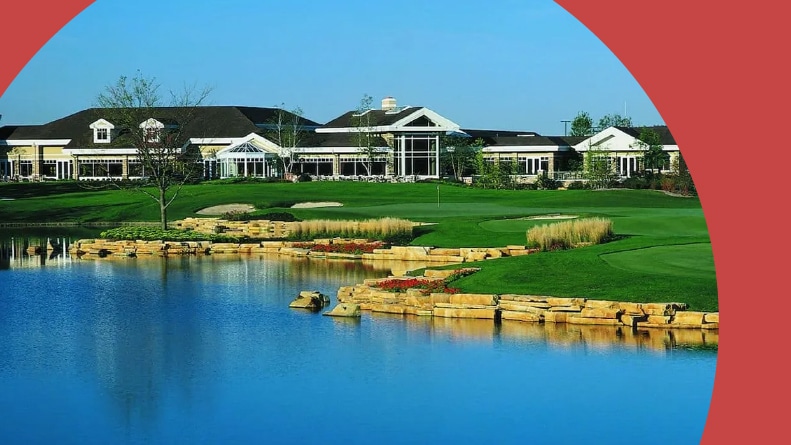 The clubhouse and golf course on the grounds of Sun City Huntley in Huntley, Illinois.