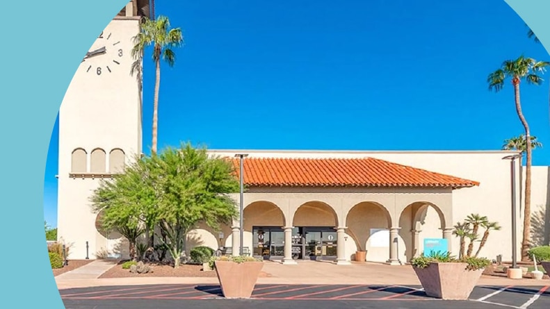 A clocktower beside the entrance to Sun City West in Arizona.