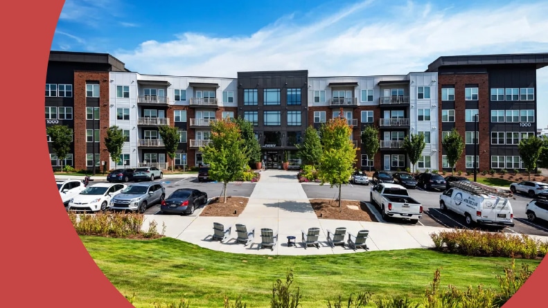 Exterior view of the apartment buildings at The Everly in Gainesville, Georgia.