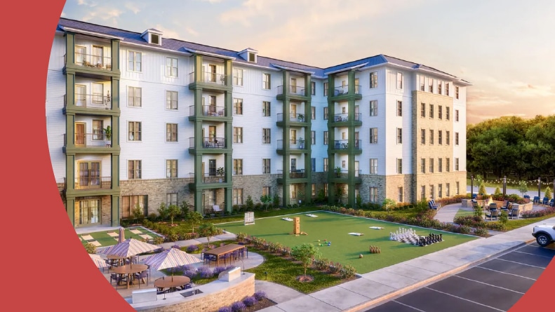 Rendering of an exterior view of the apartment building at Album Mallard Creek in Charlotte, North Carolina.