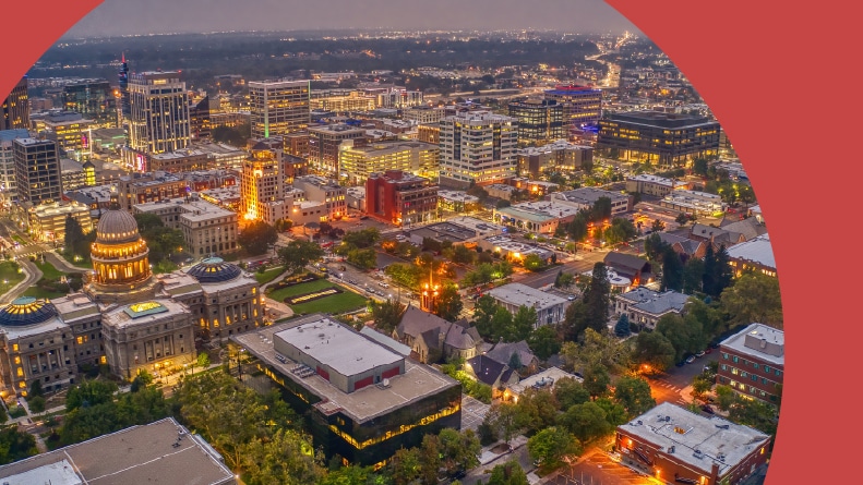 Aerial view of downtown Boise, Idaho in the summer.