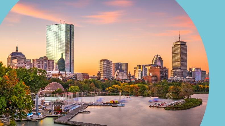 The skyline of Boston, Massachusetts at dawn.