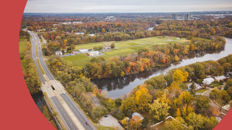 Aerial view of a highway and trees in East Brunswick, New Jersey.