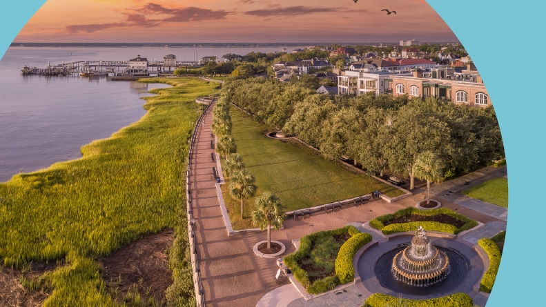 Aerial view of Charleston, South Carolina at sunset.