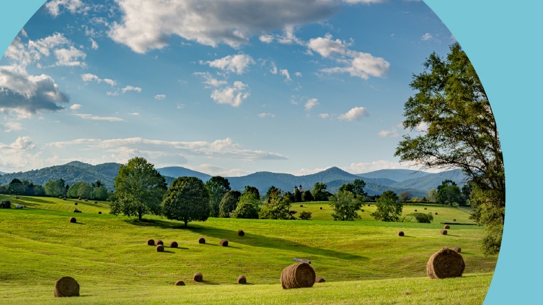 Hay bales on a horse farm in the Blue Ridge Mountains in Central Virginia near Charlottesville.