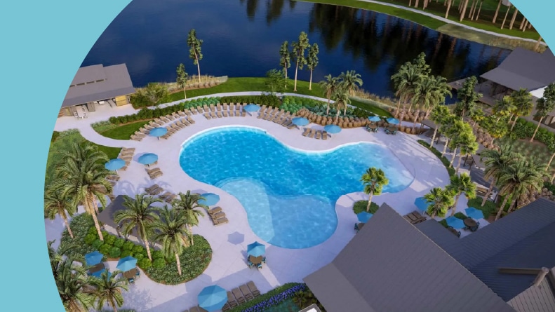 Rendering of an aerial view of the outdoor pool at Del Webb Savannah at Heartwood in Richmond Hill, Georgia.