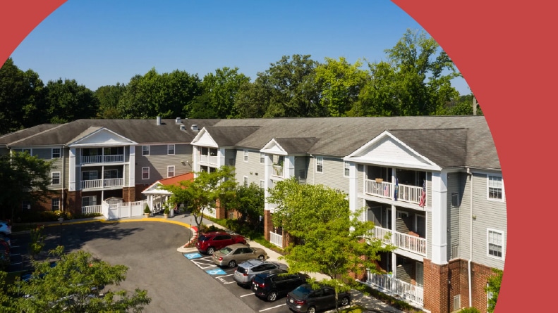 Aerial view of the apartment building at Gardens of Annapolis in Annapolis, Maryland.