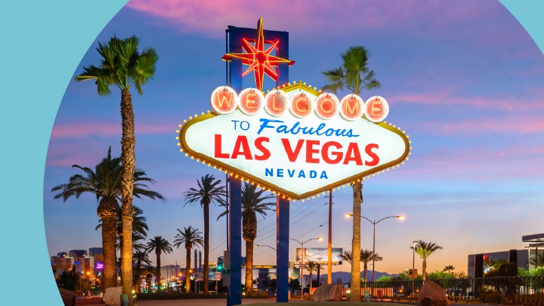 The "Welcome to Fabulous Las Vegas Nevada" sign at sunset.