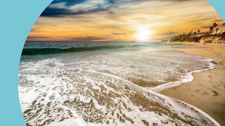 A colorful sky over Laguna Beach at sunset in the Orange County, California.