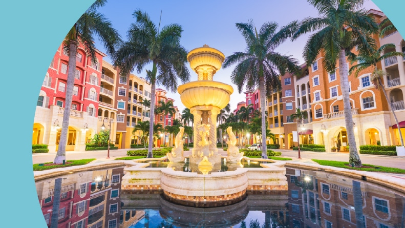 The city plaza at twilight in Naples, Florida.