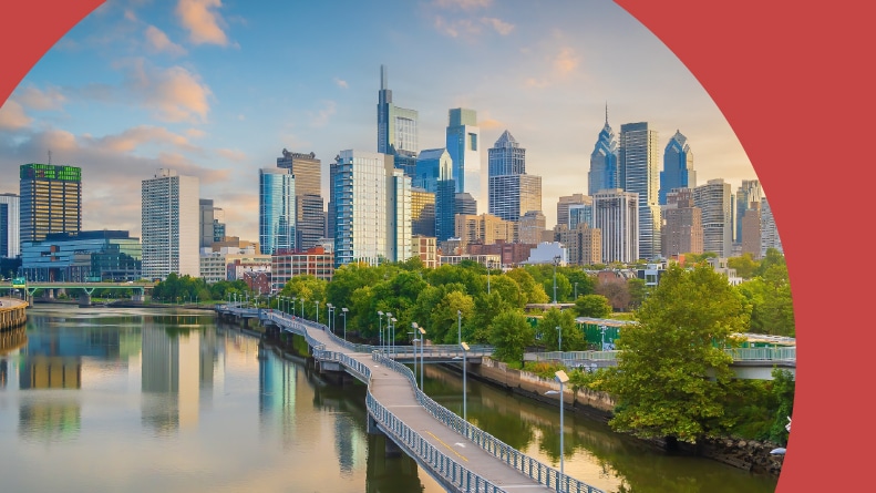 The downtown skyline and cityscape of Philadelphia, Pennsylvania.