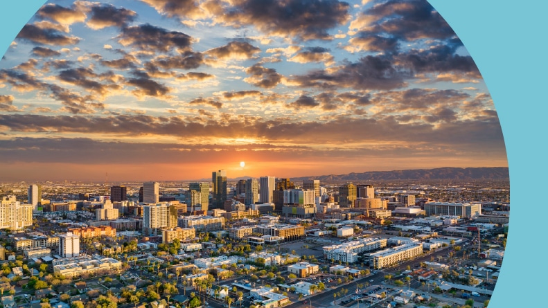 Aerial view of the downtown skyline at sunset in Phoenix, Arizona.