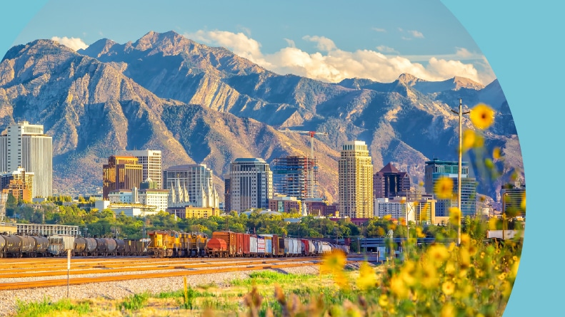 The Downtown Salt Lake City skyline at sunset.