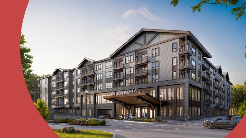 Rendering of the apartment building at Sylvan Woods Westchester in Buchanan, New York.