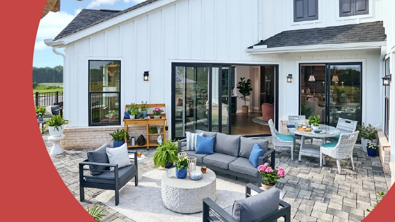 An outdoor patio at a model home at The Courtyards of Cielo Ranch in Westfield, Indiana.
