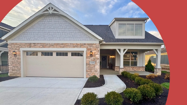 Exterior view of a model home at The Retreat at Cobblestone in Medina, Ohio.