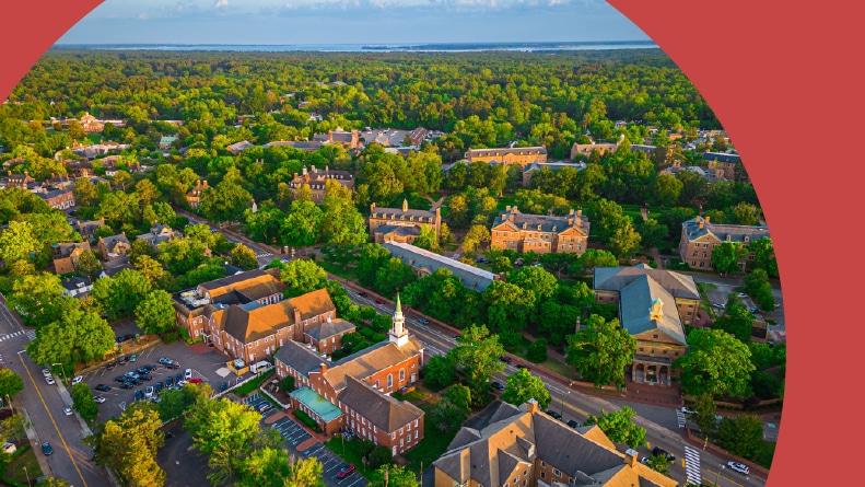 Aerial view of Downtown Williamsburg, Virginia at dusk.