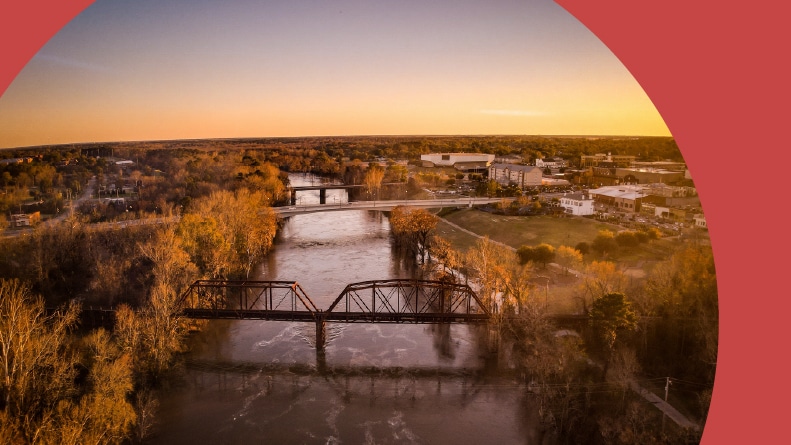 Aerial view of the Flint River in Downtown Albany, Georgia.