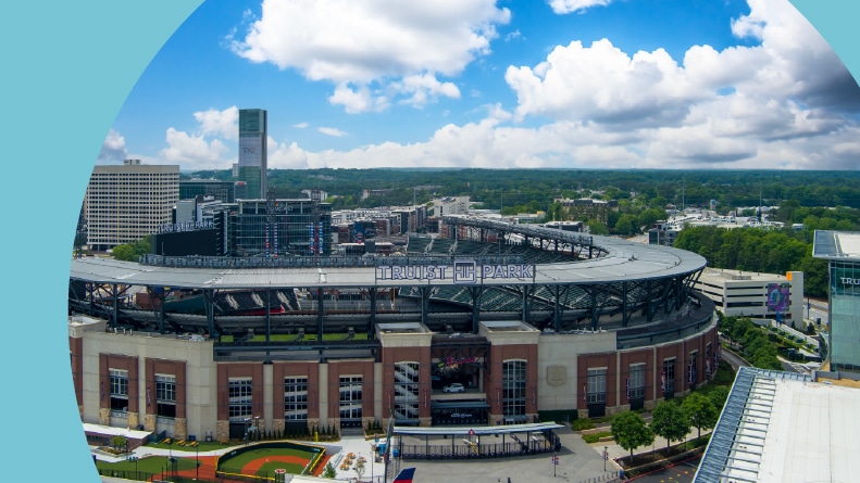 Aerial view of Truist Park, home of the Atlanta Braves in Atlanta, Georgia.
