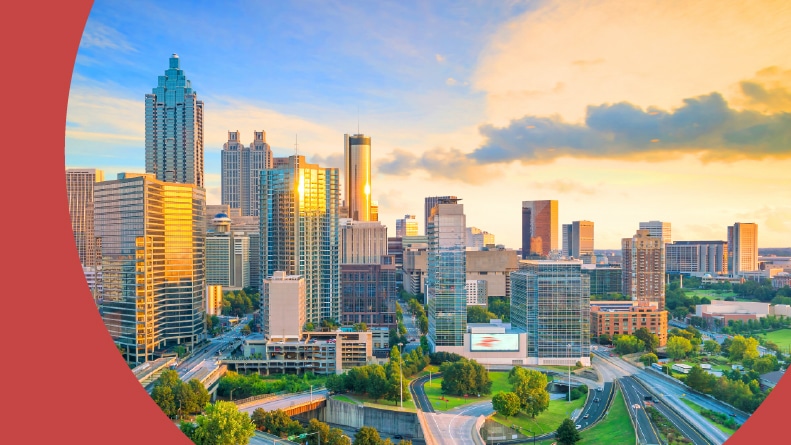 Skyline of Atlanta city at sunset in Georgia.
