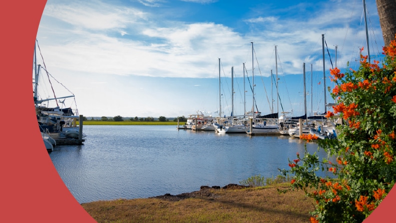 Brunswick Marina with clouds hovering over the ships.