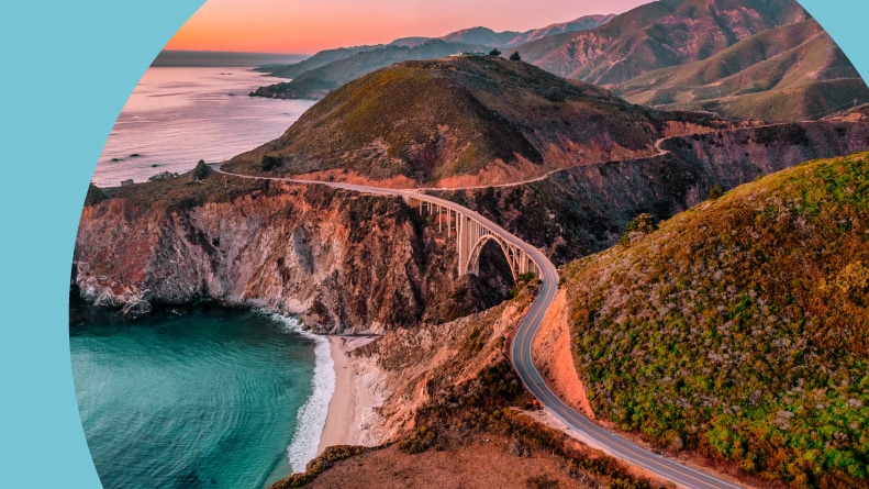 Bixby Bridge on Highway 1 and Big Sur along Pacific Ocean coast.