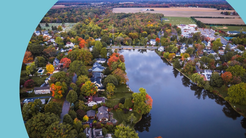 Aerial view of Cranbury, New Jersey in the autumn.