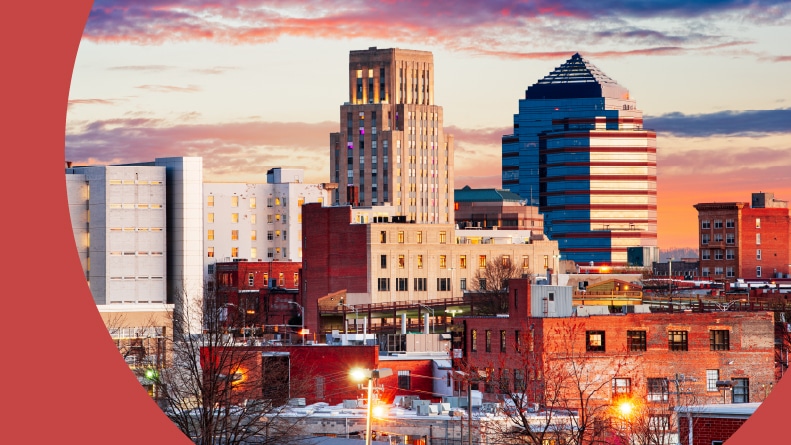 The downtown skyline at dawn in Durham, North Carolina.