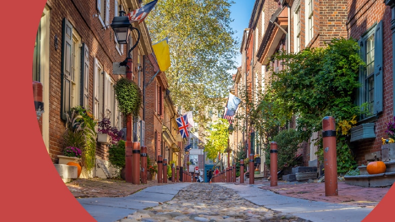 Elfreth's Alley in the historic old city in Philadelphia, Pennsylvania.