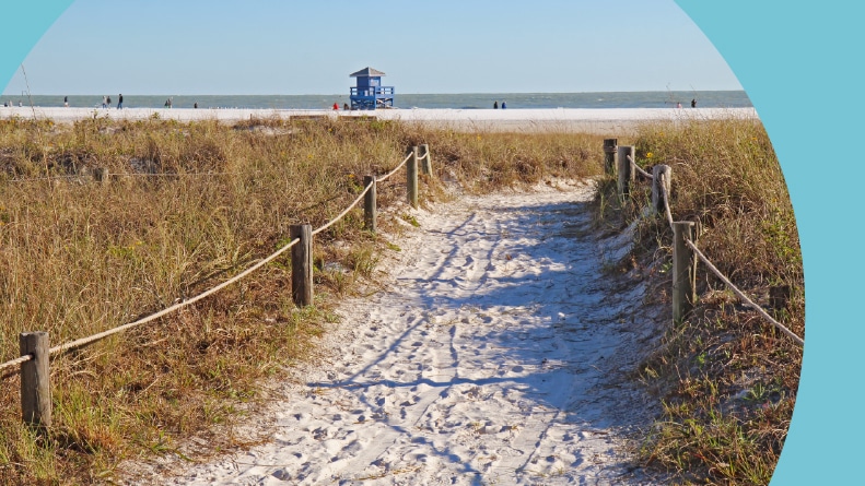Walkway to the white sand beach and lifeguard station at Siesta Key Beach near Sarasota, Florida.