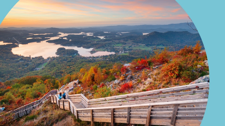 The landscape of Chatuge Lake in Hiawassee, Georgia in autumn at dusk.