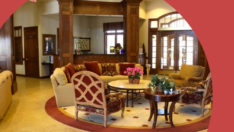 A lounge area at Grand Haven in Romeoville, Illinois.