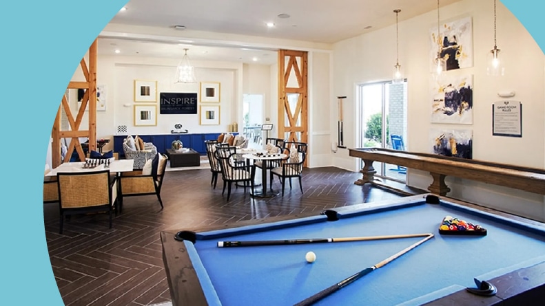 The game room at Inspire Brunswick Forest in Leland, North Carolina.
