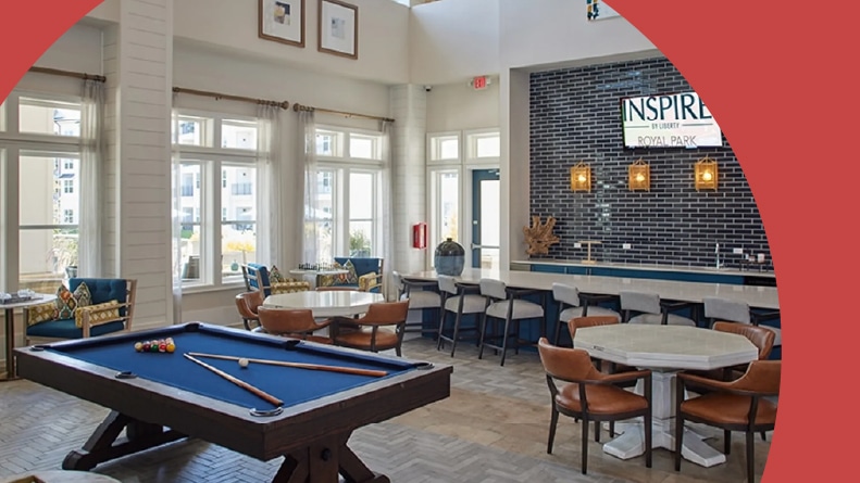 The game room at Inspire Royal Park in Matthews, North Carolina.