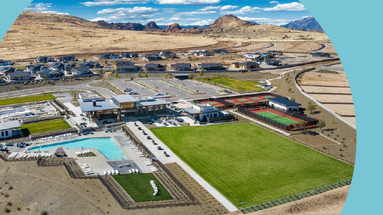 Aerial view of the amenities and homes at Jasper in Prescott Valley, Arizona.