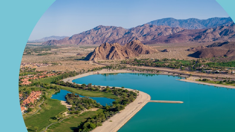 Aerial view of the mountains and desert of La Quinta, California.
