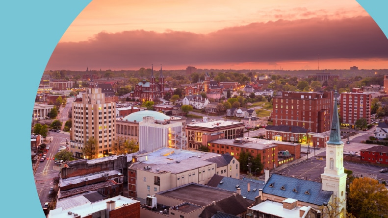 The downtown skyline at dusk in Macon, Georgia.