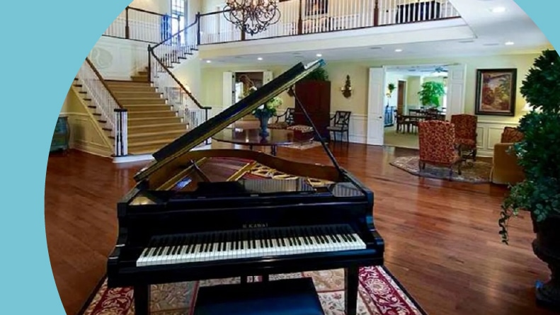 A piano in a lounge area at Peppertree Crossing in Brunswick, Georgia.