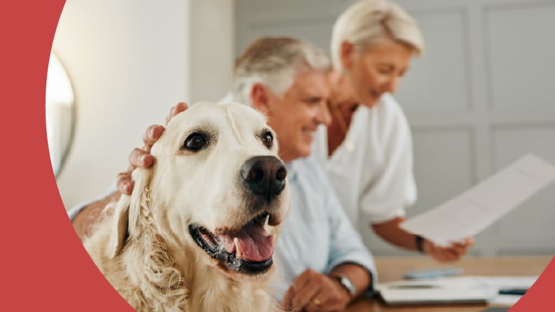 A retired couple with a dog in a 55+ community.