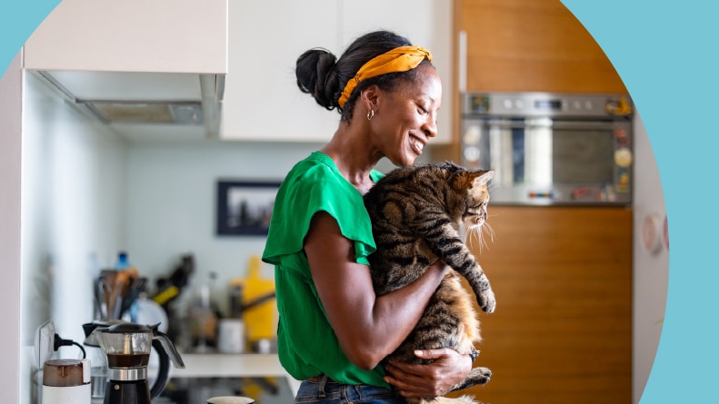 A retired woman with her cat in a 55+ community.